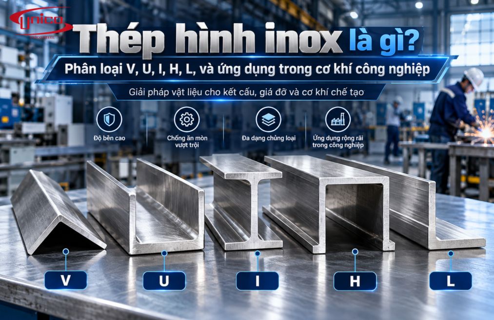 Thép hình inox là gì? Phân loại V, U, I, H, L, và ứng dụng trong cơ khí công nghiệp